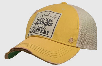 Sunrise Sunburn Sunset Repeat Distressed Trucker Hat